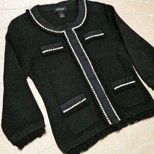 WHBM ELEGANT BLACK CARDIGAN w/ WHITE PEARL & BLACK RUFFLE POCKET & CUFF ACCENTS